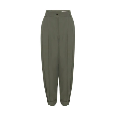 (Women) Alexander McQueen SS23 High-Waist Wide-Leg Trousers in Solid Color. 730067-QJACF-3003