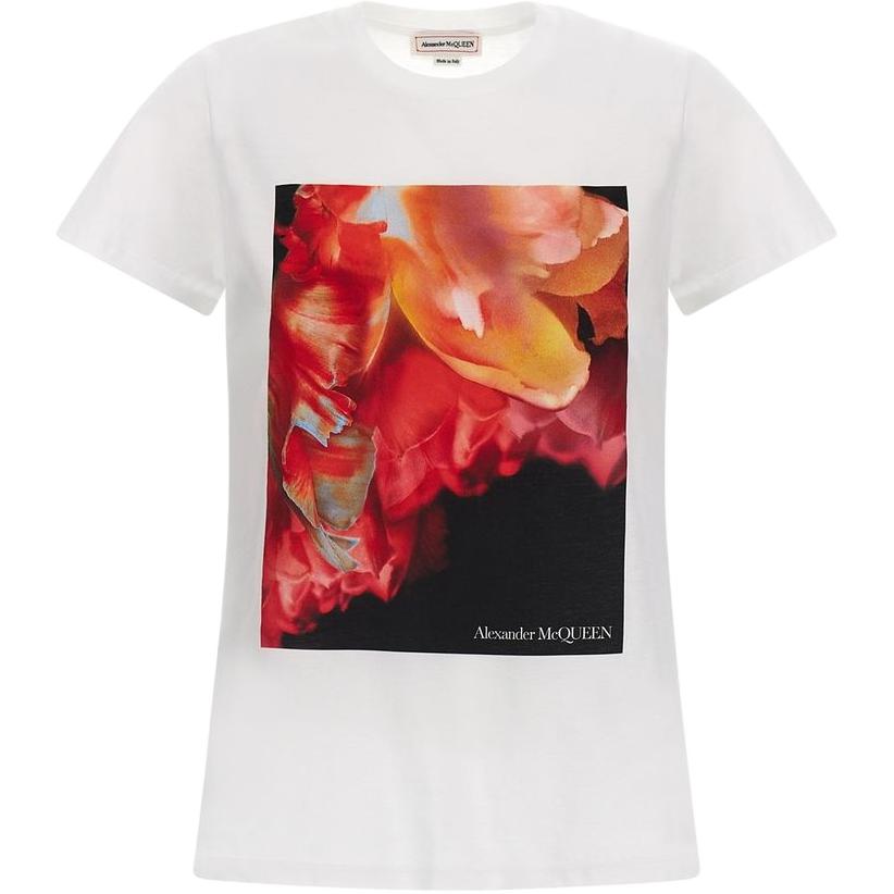 (Women) Alexander McQueen SS23  White Petal Letter Print Loose Fit T-Shirt. 758060-QZAJ1-0900