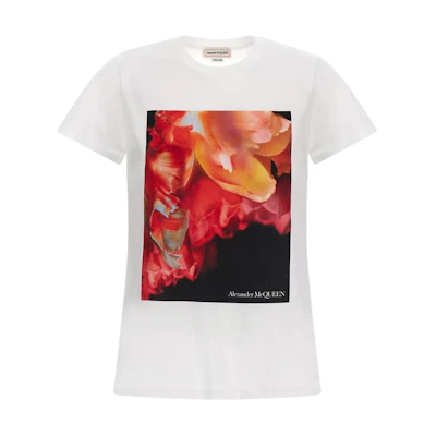 (Women) Alexander McQueen SS23 White Petal Letter Print Loose Fit T-Shirt. 758060-QZAJ1-0900