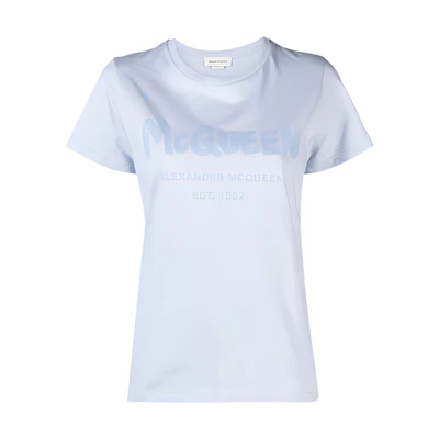 (Women) Alexander McQueen SS23 Letter Print Women’s Light Blue Crewneck T-Shirt. 608614-QZAD3-0429
