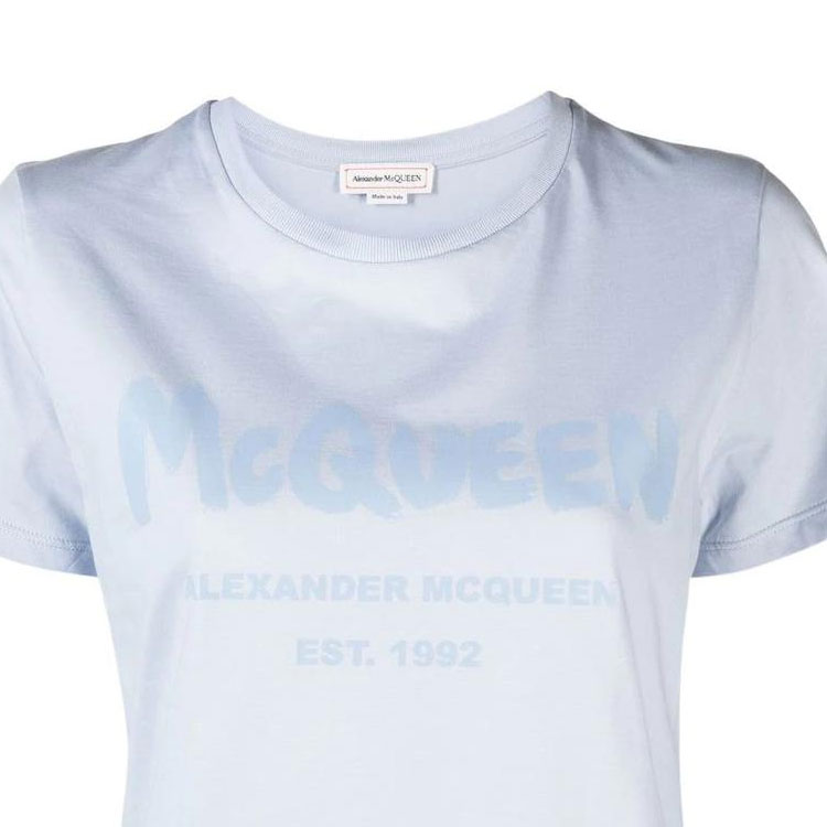 Details for (Women) Alexander McQueen SS23 Letter Print Women’s Light Blue Crewneck T-Shirt. 608614-QZAD3-0429