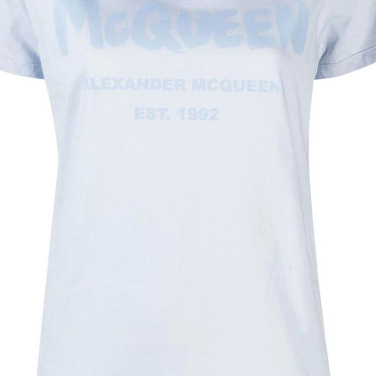 Sizing (Women) Alexander McQueen SS23 Letter Print Women’s Light Blue Crewneck T-Shirt. 608614-QZAD3-0429