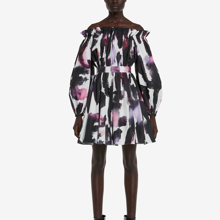 Lookbook (Women) Alexander McQueen SS23 Off-Shoulder Printed Long Sleeve Dress Women 734388-QCAGO-9903
