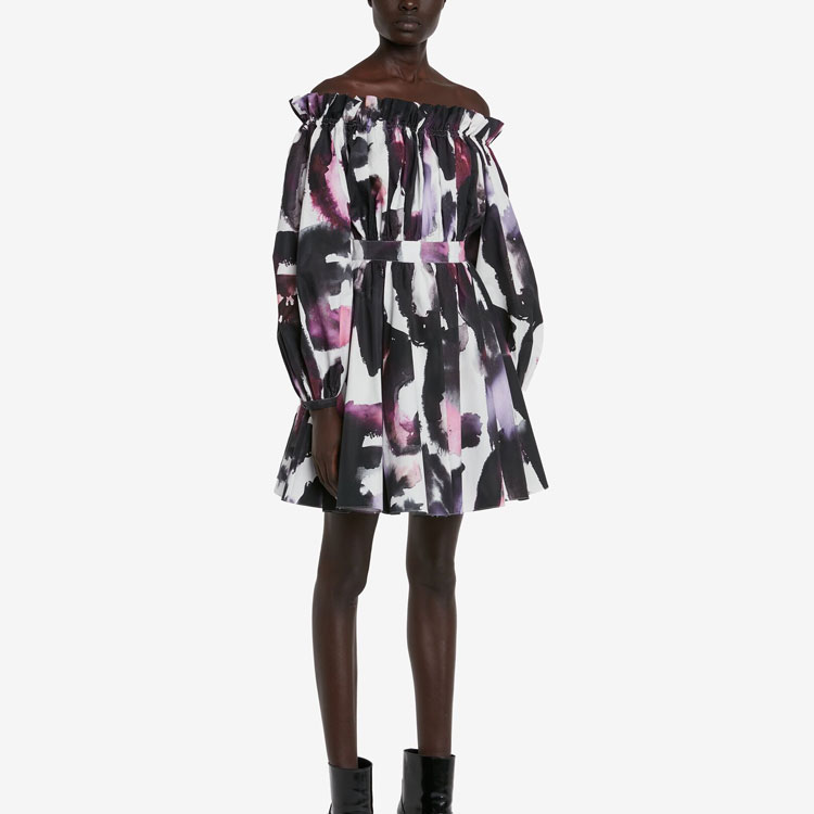 Purchase (Women) Alexander McQueen SS23 Off-Shoulder Printed Long Sleeve Dress Women 734388-QCAGO-9903