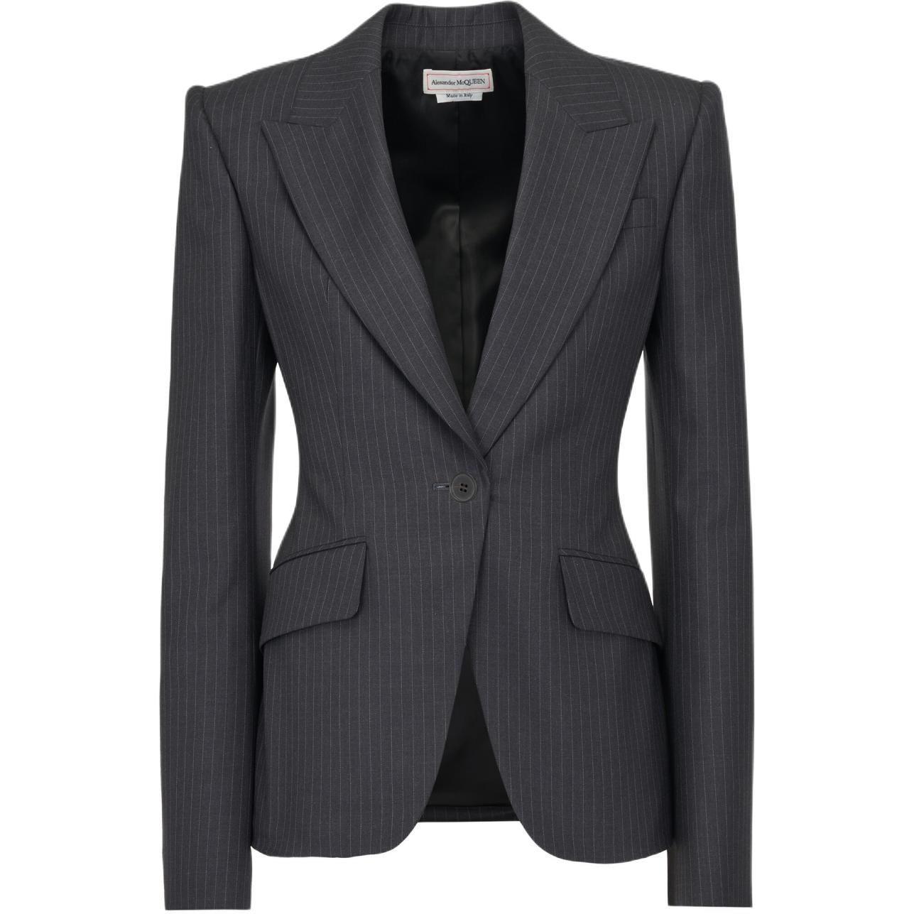 Order (W) Alexander McQueen SS24 Blazer Kelabu Berjalur Single-Breasted. 798500-QJAEI-1124