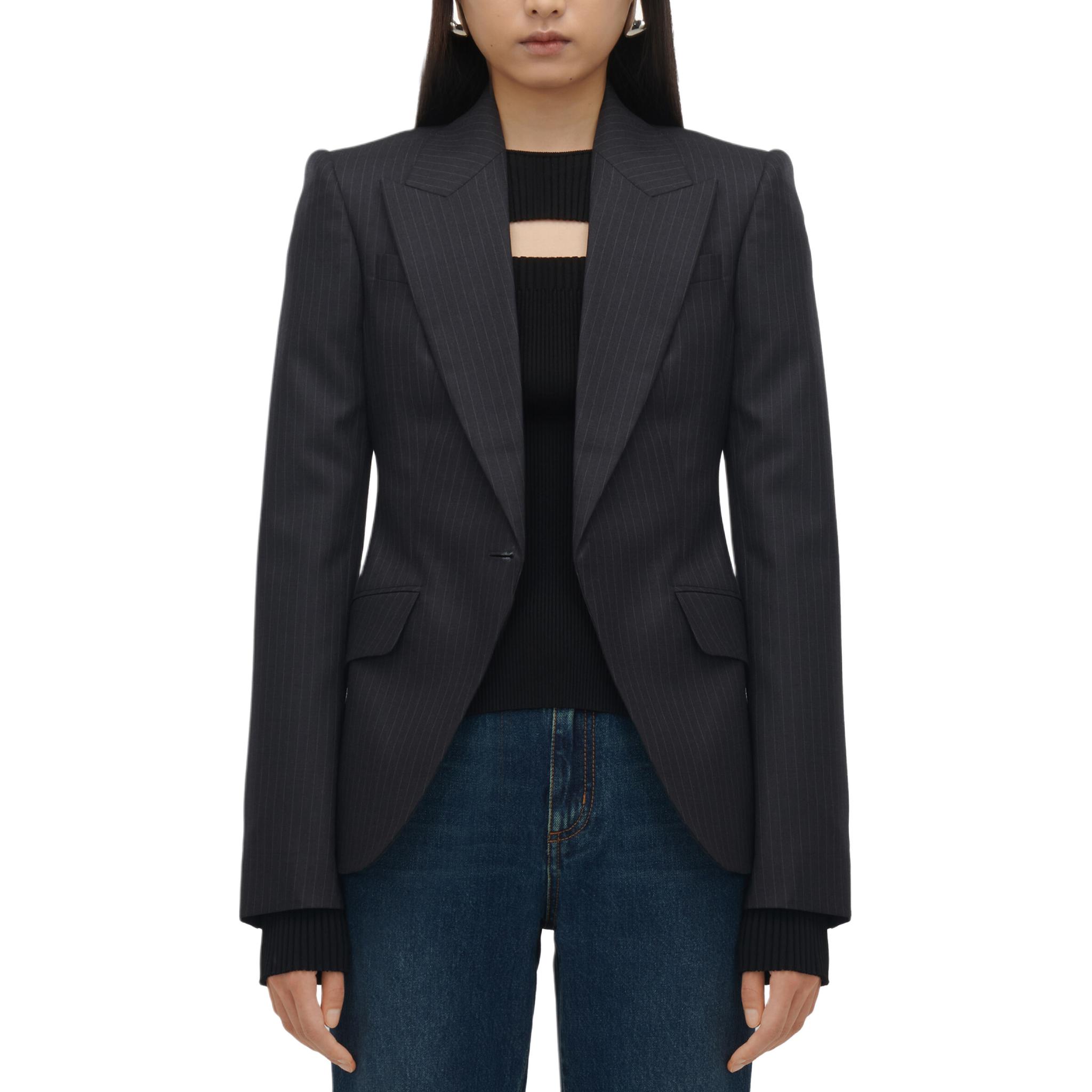 Lookbook (W) Alexander McQueen SS24 Blazer Kelabu Berjalur Single-Breasted. 798500-QJAEI-1124