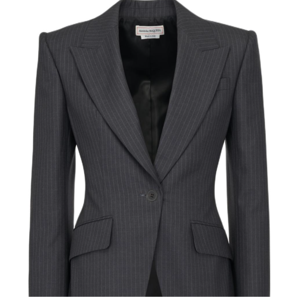 Sizing (W) Alexander McQueen SS24 Blazer Kelabu Berjalur Single-Breasted. 798500-QJAEI-1124