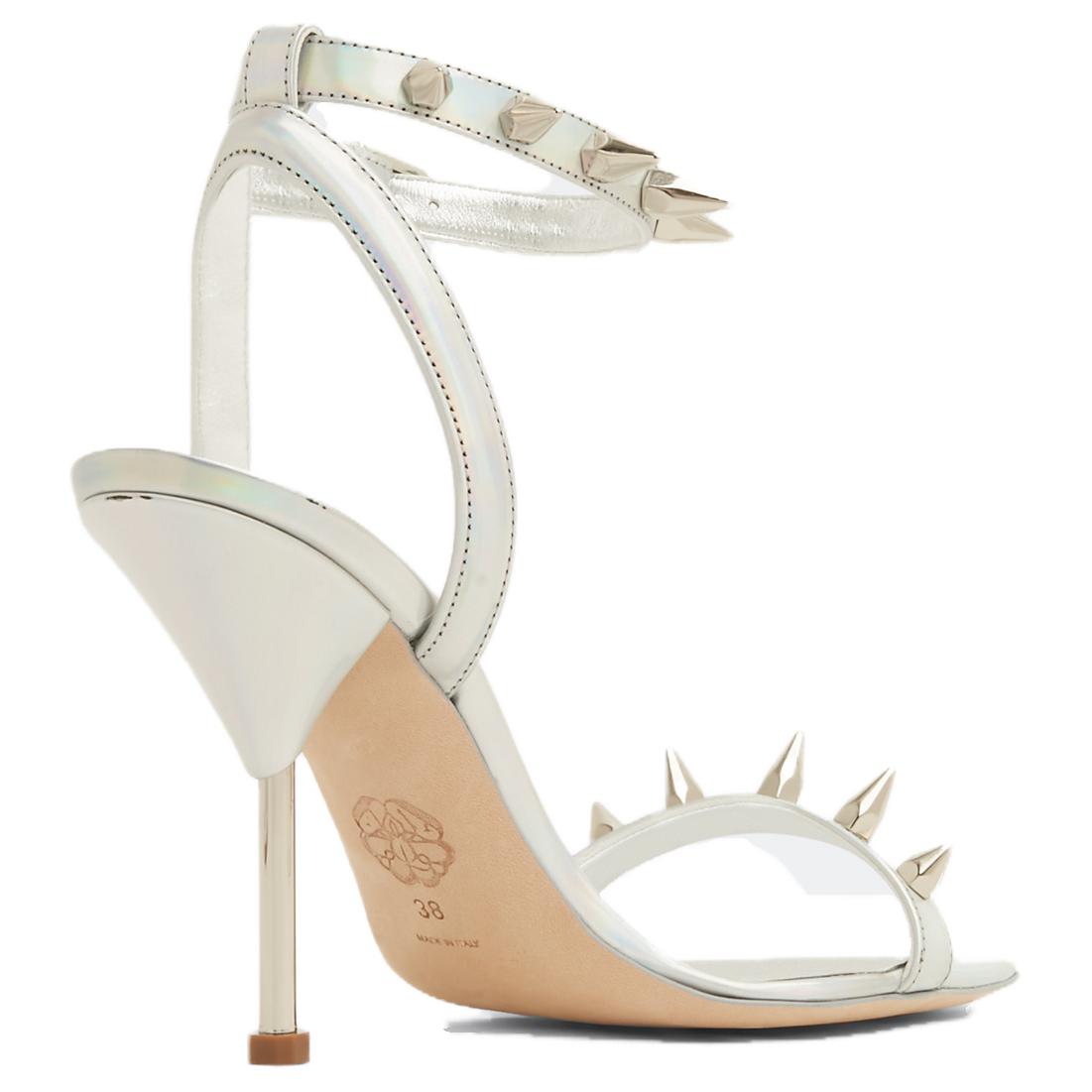 Purchase (Women) Alexander McQueen Studded Metallic Leather Sandals 'Silver' 703983W4T748258