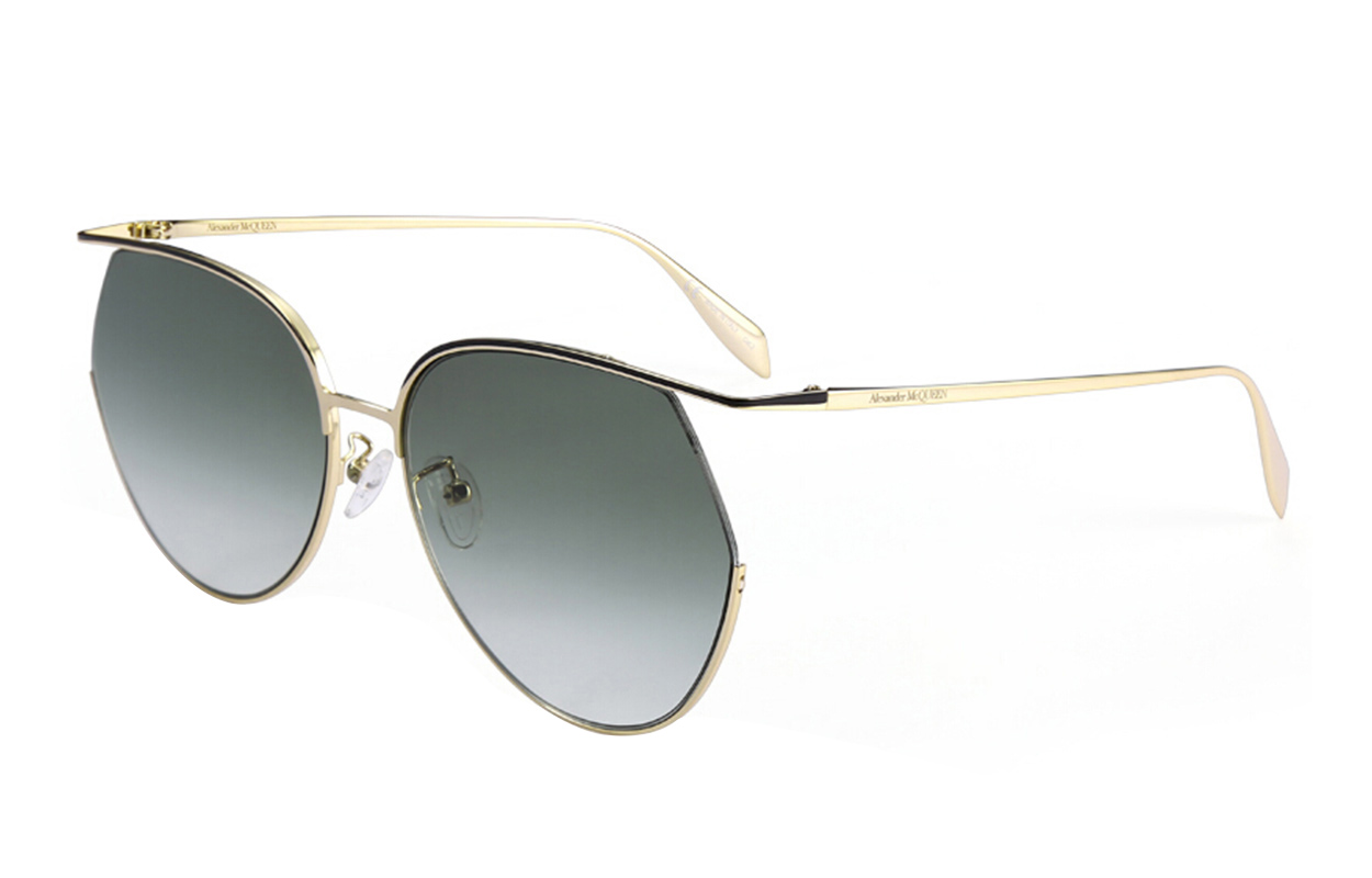 (Women) Alexander McQueen Sunglasses Green Lens Gold Frame Sunglasses AM0255S-003 61