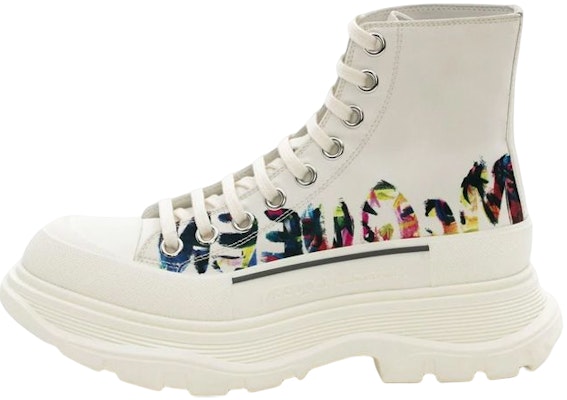 (Women) Alexander McQueen Tread Slick Boot 'McQueen Graffiti Logo - White Multi' 697086-W4RQG-9891 Buy (Women) Alexander McQueen Tread Slick Boot 'McQueen Graffiti Logo - White Multi' 697086-W4RQG-9891