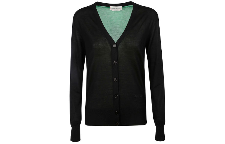 Order (W) Alexander McQueen Kardigan Rajut Leher V Blok Warna Hitam 667839-Q1AVV-1096