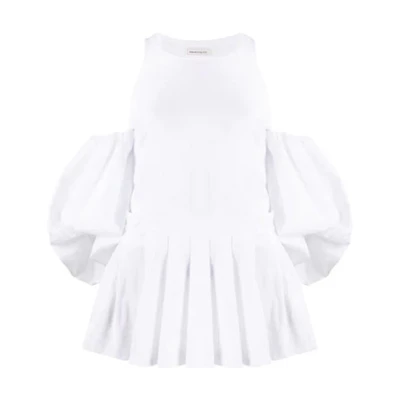 (Women) Alexander McQueen White Puff Sleeve Pleated T-Shirt 627350-QLAAA-9000