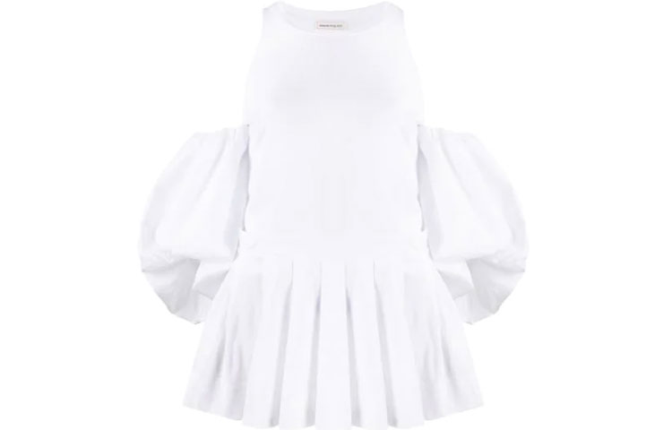 (Women) Alexander McQueen White Puff Sleeve Pleated T-Shirt 627350-QLAAA-9000 圖 2