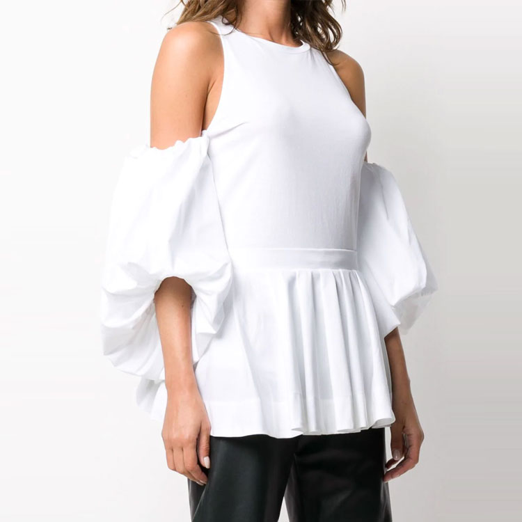 (Women) Alexander McQueen White Puff Sleeve Pleated T-Shirt 627350-QLAAA-9000 圖 4