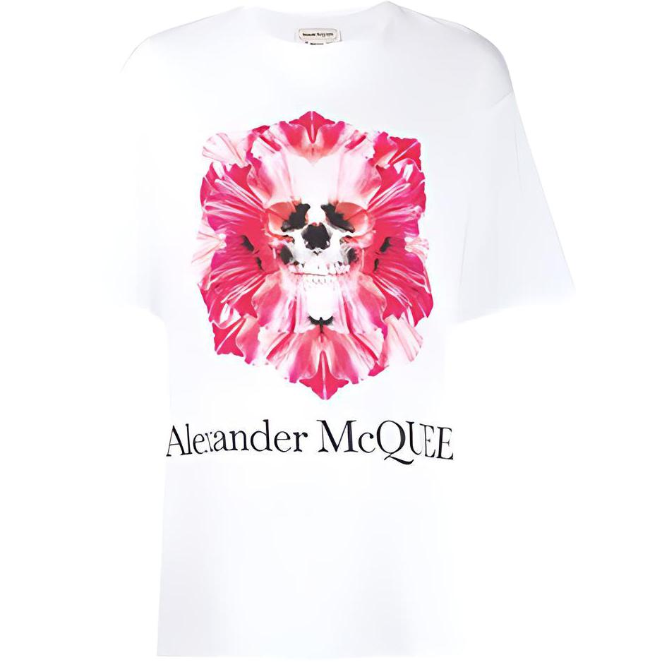 (Women) Alexander McQueen White T-Shirt with Pink Skull Logo Print 611029-QZAA8-0900