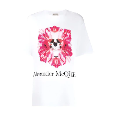 (Women) Alexander McQueen White T-Shirt with Pink Skull Logo Print 611029-QZAA8-0900