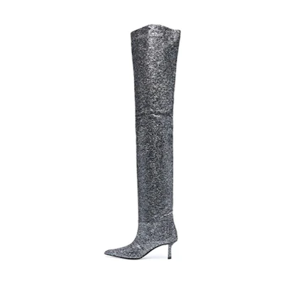 (W) Alexander Wang 7.5cm 'Silver Pointed-Toe Thigh-High Boots'