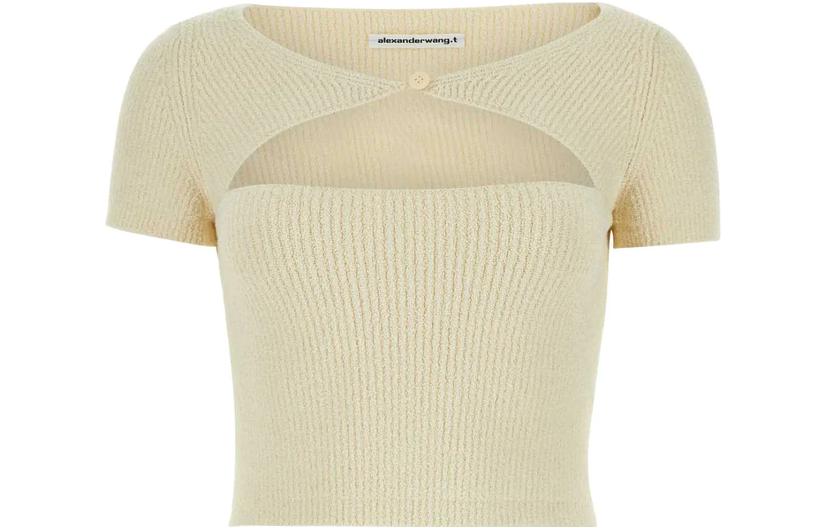 (Women) Alexander Wang  Beige Solid Crewneck Cut-Out Short Sleeve T-Shirt 4KC3231035-273