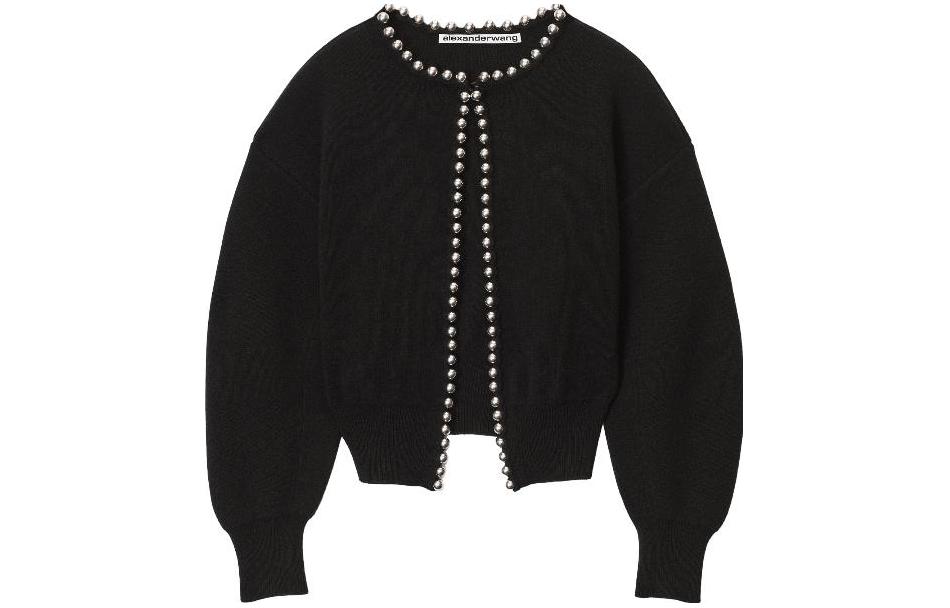 (Women) Alexander Wang  Black Knit Cardigan with Ball Chain Trim Crew Neck. 1KC4233071-001