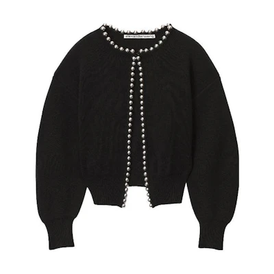 (Women) Alexander Wang Black Knit Cardigan with Ball Chain Trim Crew Neck. 1KC4233071-001