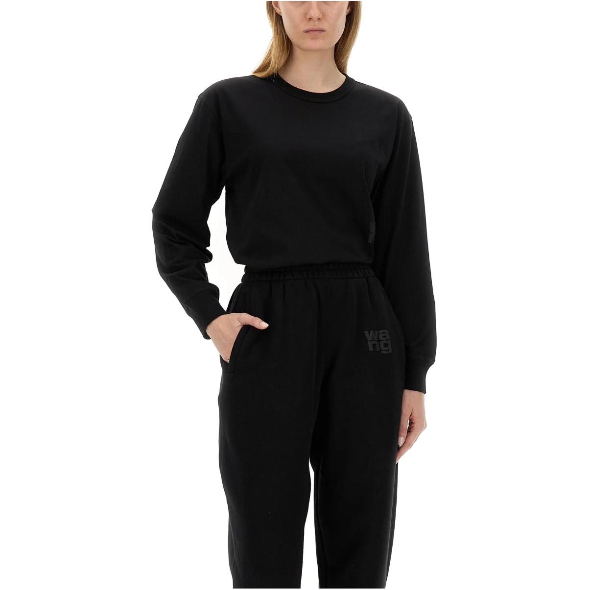 Shop (Women) Alexander Wang  Black Logo Cotton Crewneck Long Sleeve T-Shirt. 4CC3241519-001