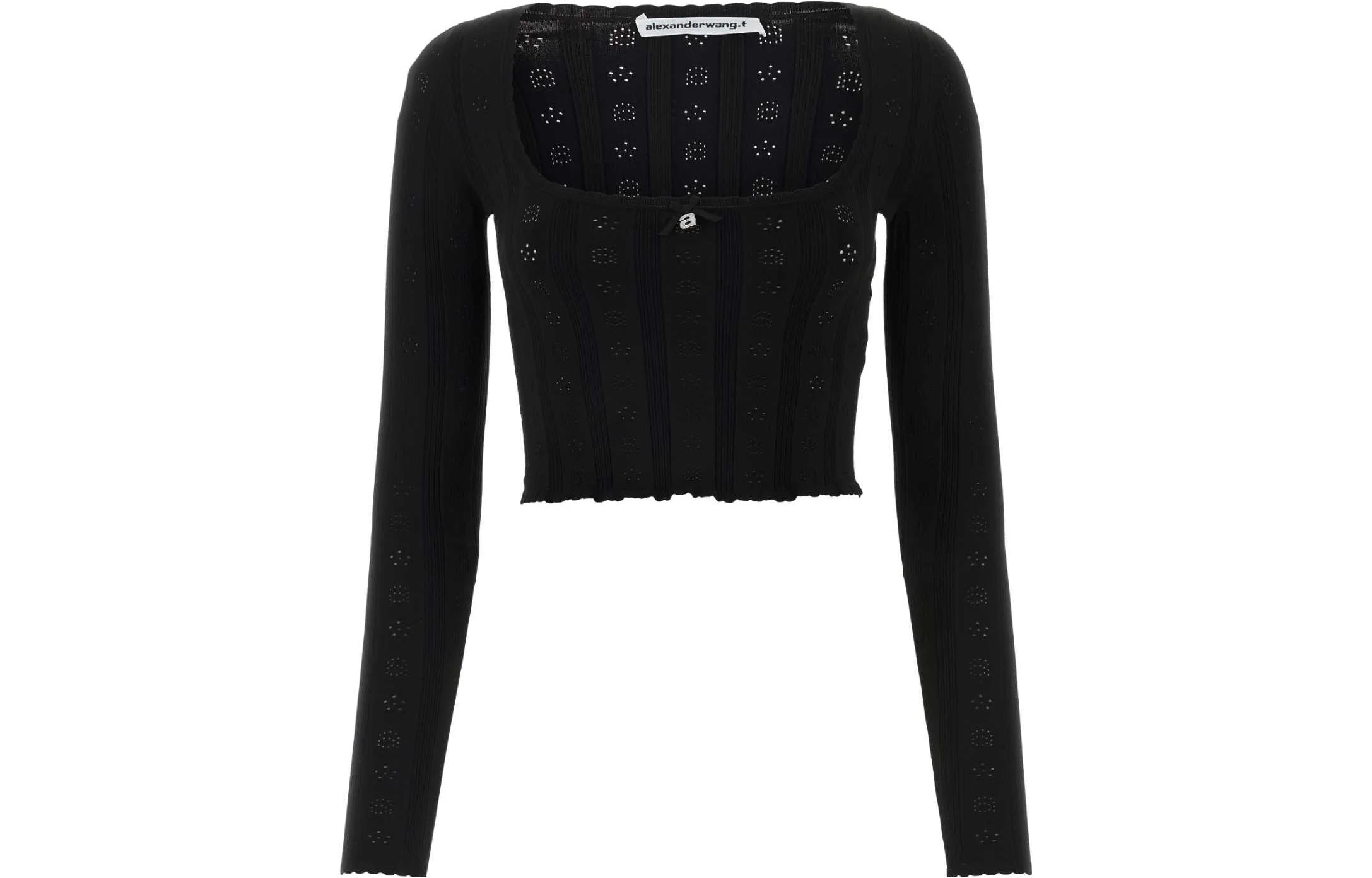 (Women) Alexander Wang  Black Slim-Fit Long-Sleeve Crop Top Tee. 4KC3231021-001
