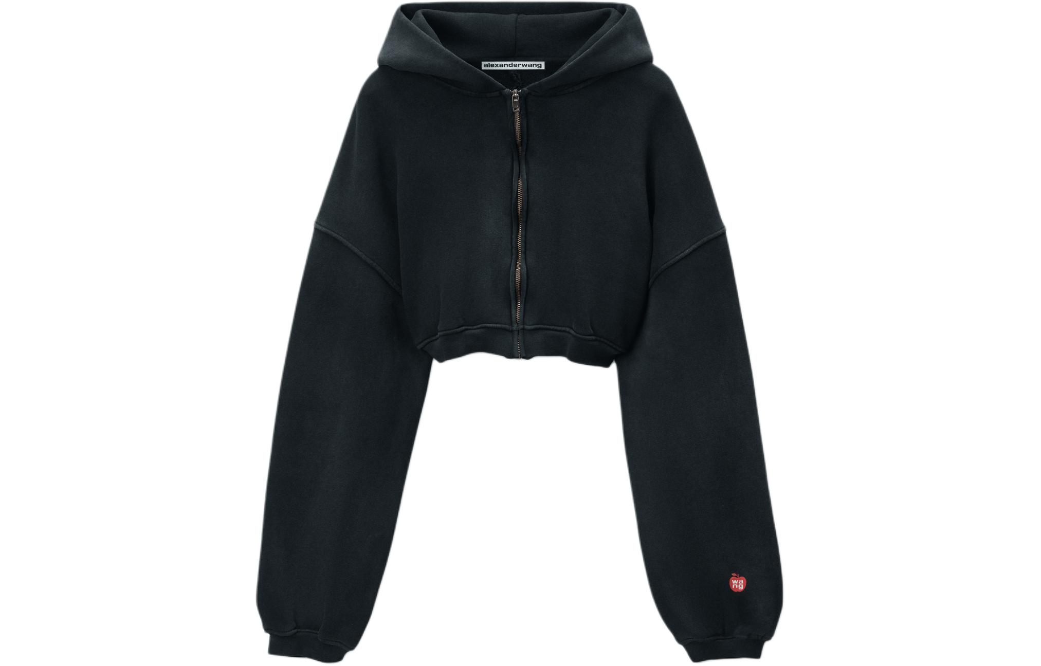 (Women) Alexander Wang  Black Terry Cloth Cropped Zip-Up Hoodie. 4CC2241495021A