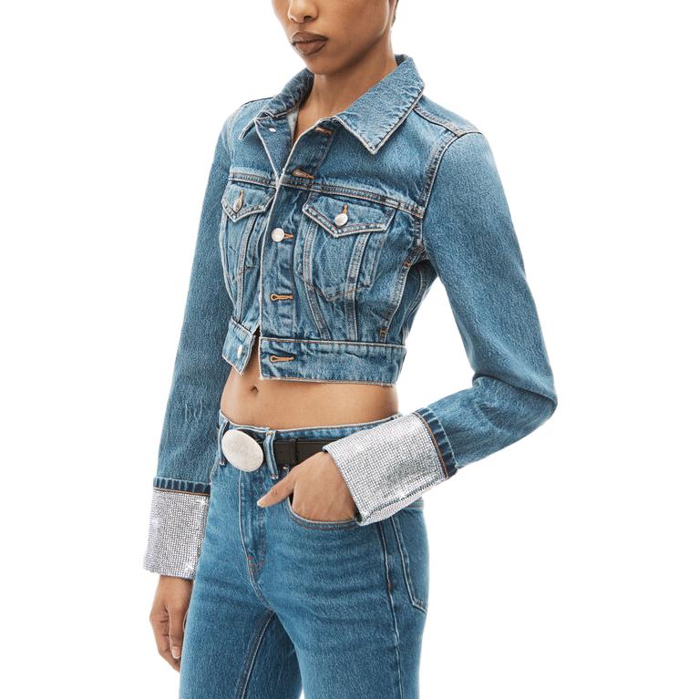 Shop (Women) Alexander Wang  Cropped Denim Jacket Single-Breasted Long Sleeve 4DC3232156-473