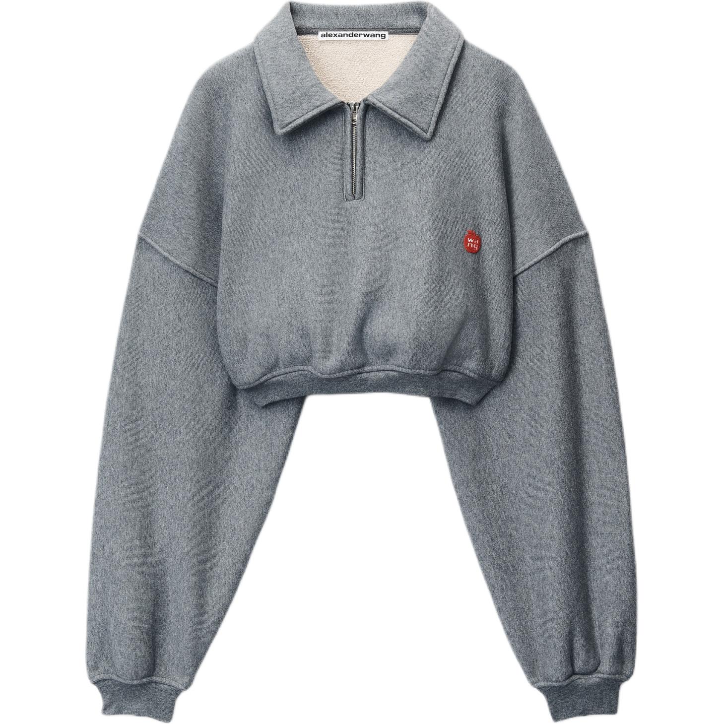 (Women) Alexander Wang  Half-Zip Slim Fit Cropped Long Sleeve Sweatshirt Grey 1CC1241878-079