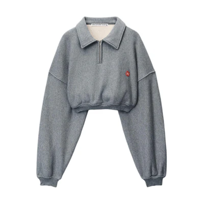 (Women) Alexander Wang Half-Zip Slim Fit Cropped Long Sleeve Sweatshirt Grey 1CC1241878-079