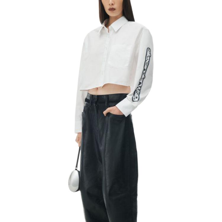 Sizing (W) アレクサンダー ワン ハロープリント クロップド ボタンアップ 長袖シャツ ホワイト 4WC2241454-100