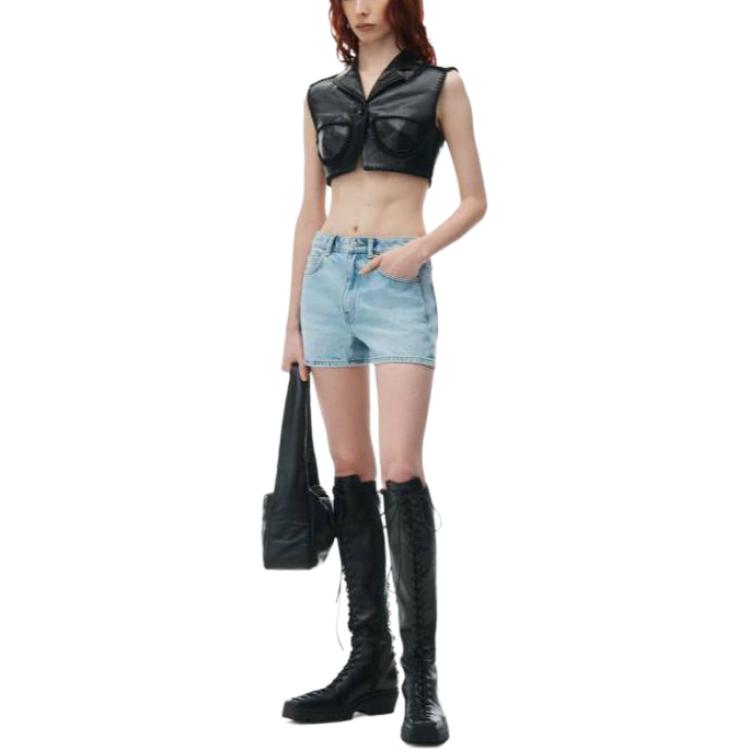 Lookbook (W) Alexander Wang Seluar Pendek Denim Biru Kitar Semula Butang Fly High Rise 4DC2244304453