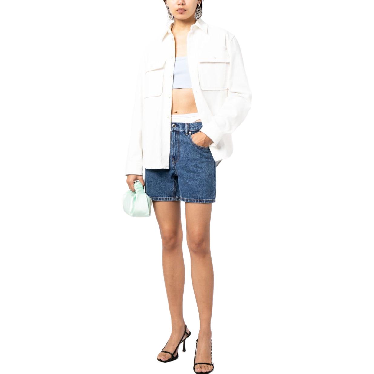 Lookbook (Women) Alexander Wang  Low-Rise Logo Patch Denim Shorts in Blue. 4DC4234128-401