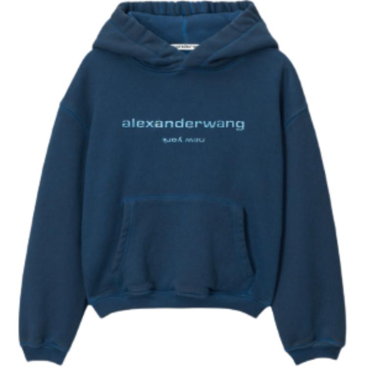 (Women) Alexander Wang  Navy Blue Embroidered Logo Cropped Hoodie. 1CC42318494-10B