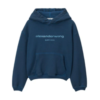 (Women) Alexander Wang Navy Blue Embroidered Logo Cropped Hoodie. 1CC42318494-10B