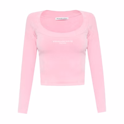 (Women) Alexander Wang Pink Cropped Long Sleeve Solid Crewneck T-Shirt 4KC4231002-680