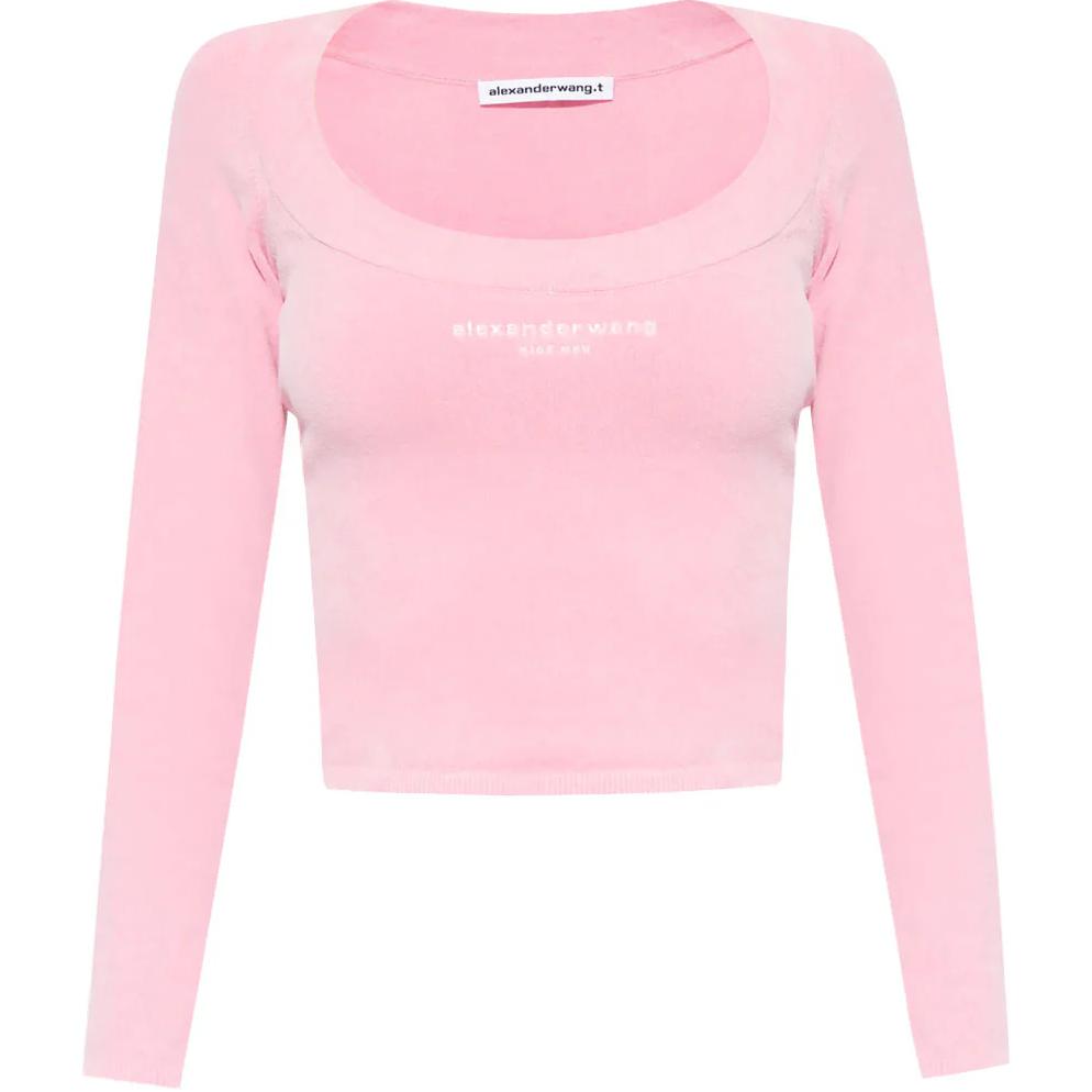 Order (Women) Alexander Wang  Pink Cropped Long Sleeve Solid Crewneck T-Shirt 4KC4231002-680
