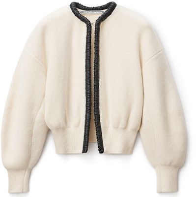 (W) Alexander Wang Sweater Lengan Panjang Putih dengan Desain Trim Kulit. 1KC1223006-106 Order (W) Alexander Wang Sweater Lengan Panjang Putih dengan Desain Trim Kulit. 1KC1223006-106