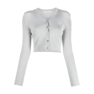 (Women) Alexander Wang Silver Cropped Knit Sweater with Logo Embroidery. 4KC3233019