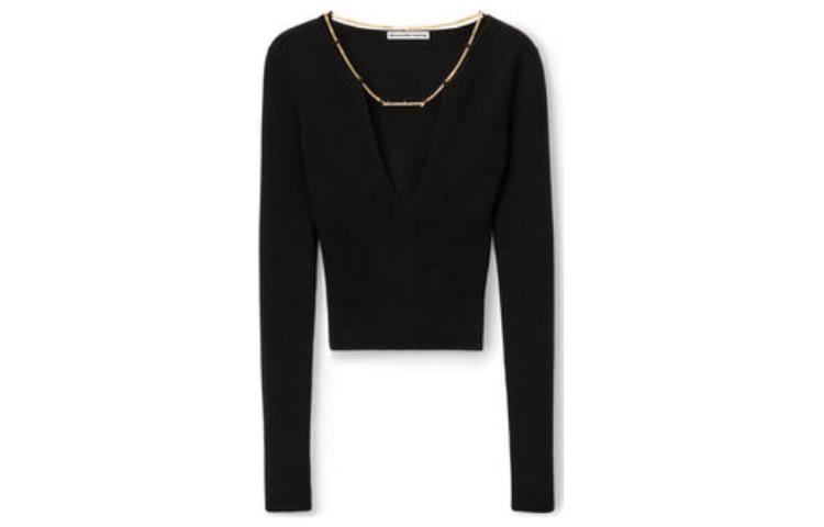 (Women) Alexander Wang  Slim Fit V-Neck Pullover Cropped Sweater Black 1KC1241006-001