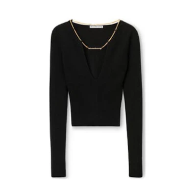 (Women) Alexander Wang Slim Fit V-Neck Pullover Cropped Sweater Black 1KC1241006-001