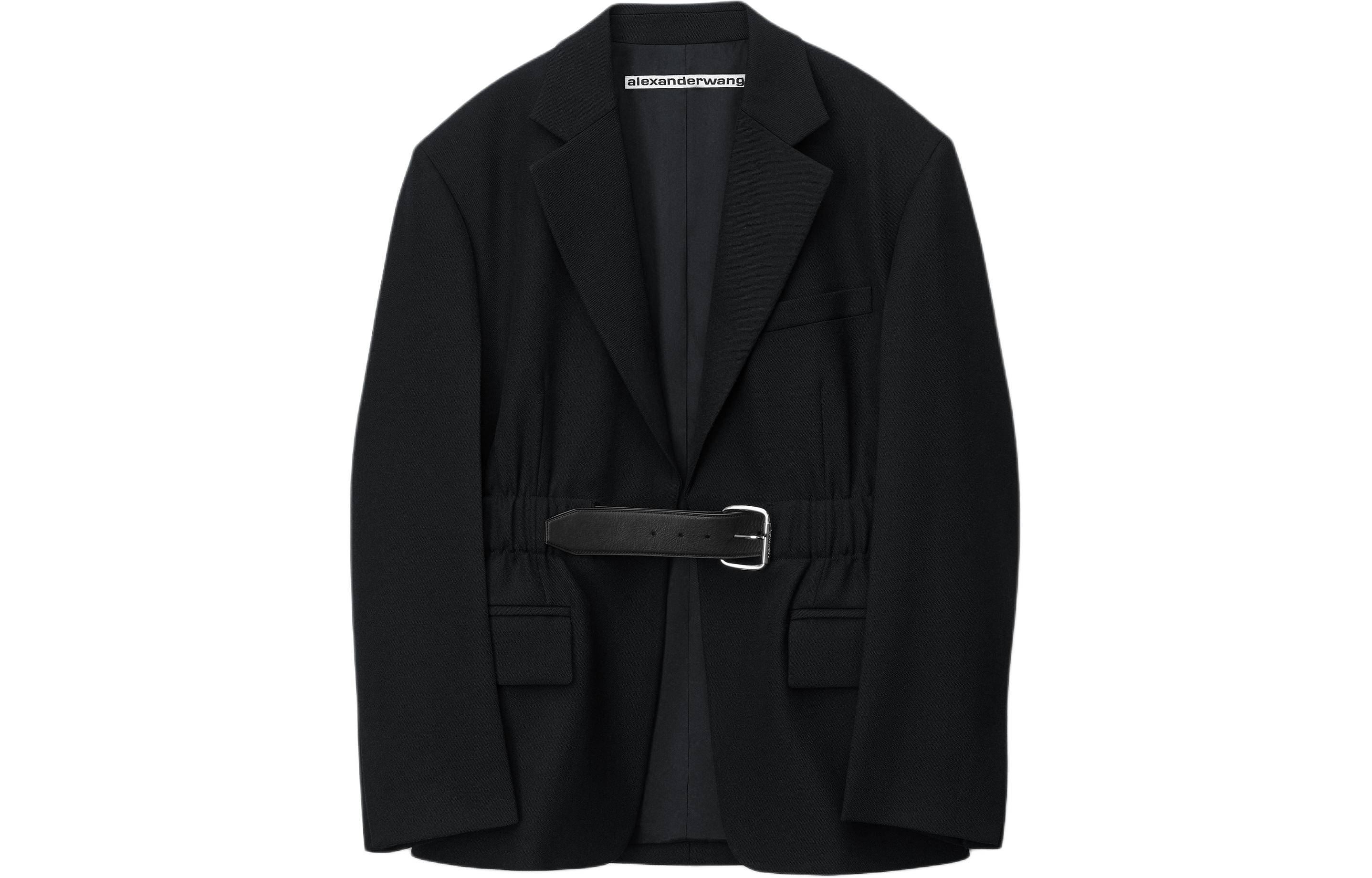 Order (W) Alexander Wang SS24 Jaket Blazer Hitam Berkanvas Wool Lengan Panjang dengan Tali Pinggang 1WC1242520-001