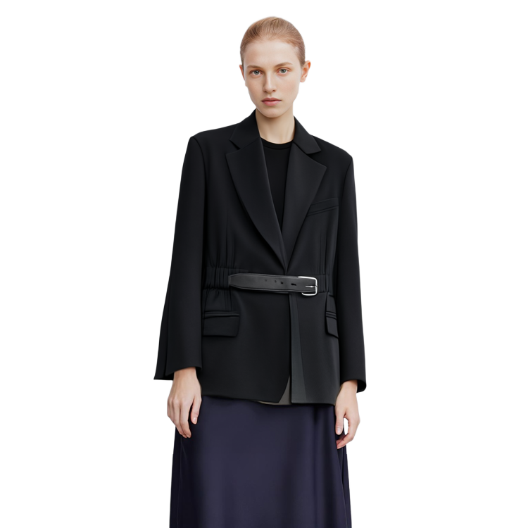 Purchase (W) Alexander Wang SS24 Jaket Blazer Hitam Berkanvas Wool Lengan Panjang dengan Tali Pinggang 1WC1242520-001