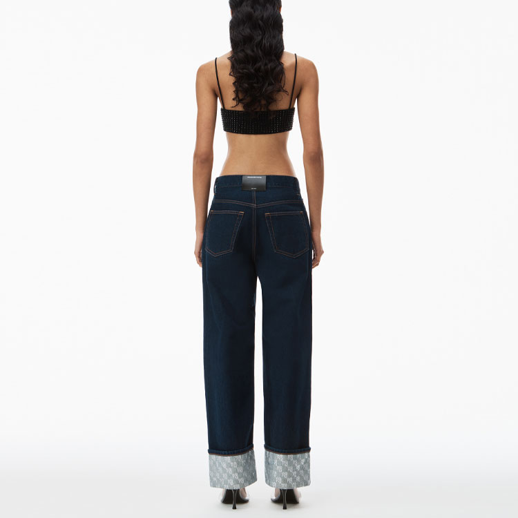 Shop (W) アレクサンダー ワン クリスタルボタン カフ付き ストレートジーンズ - ブルー 4DC12442294-62A