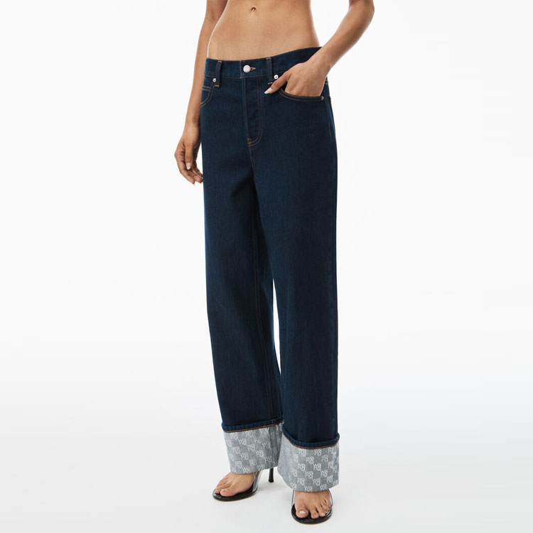 Purchase (W) アレクサンダー ワン クリスタルボタン カフ付き ストレートジーンズ - ブルー 4DC12442294-62A