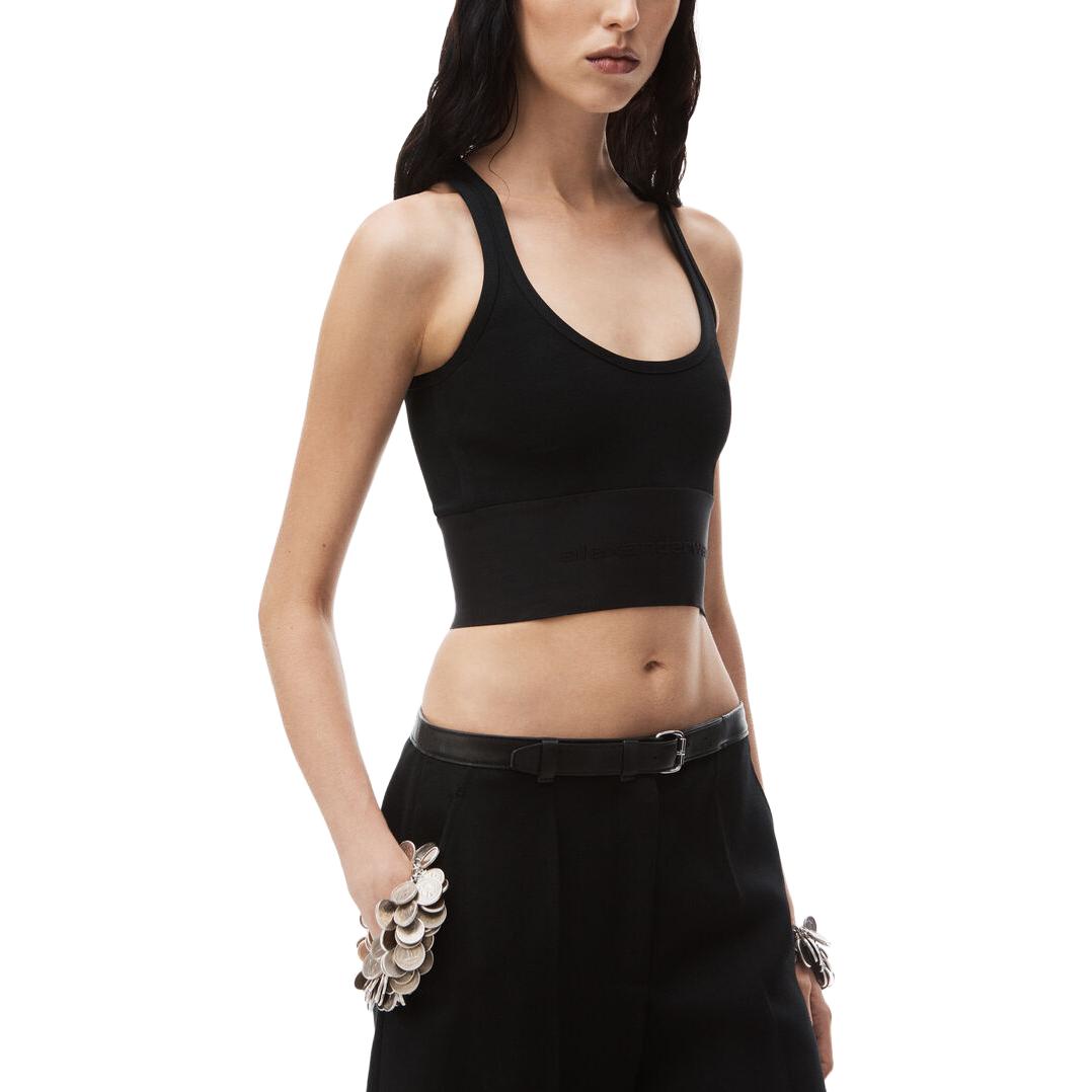 Shop (W) Alexander Wang Baju Tank Leher Rendah Regang Hitam FW23. 1KC1241049-001