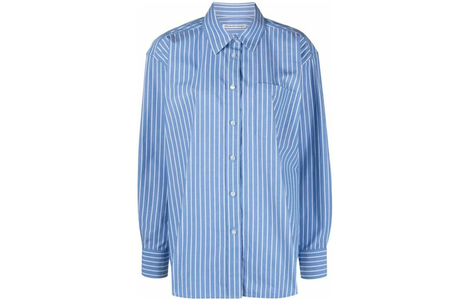 (Women) Alexander Wang  Striped Long Sleeve Button-Up Shirt Light Blue. 4WC3231403