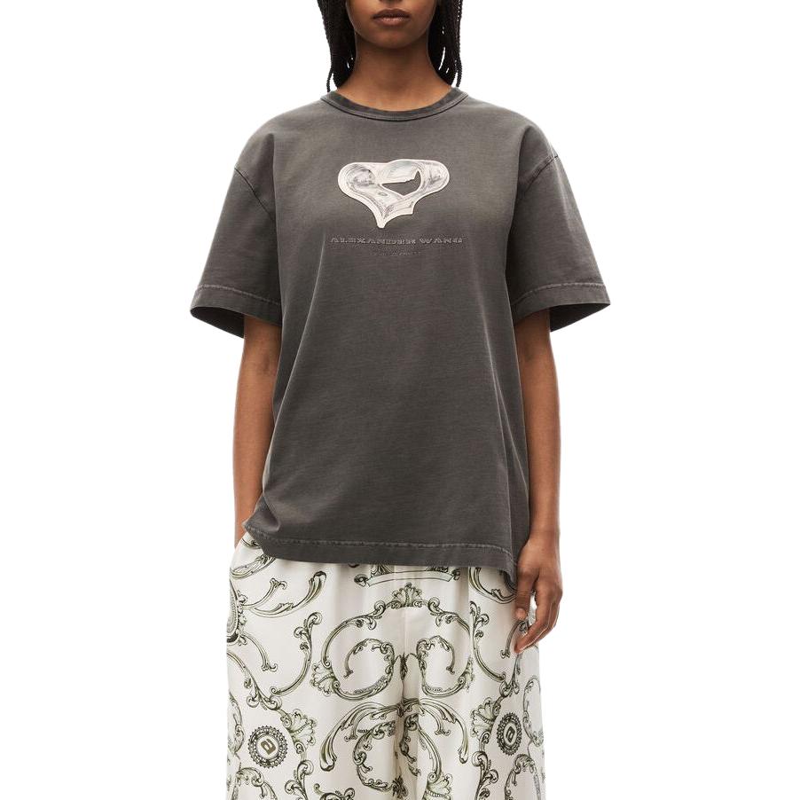 Shop (W) Alexander Wang Baju T Hitam Pudar Corak Logo Hati Lengan Pendek. UCC4231672-011