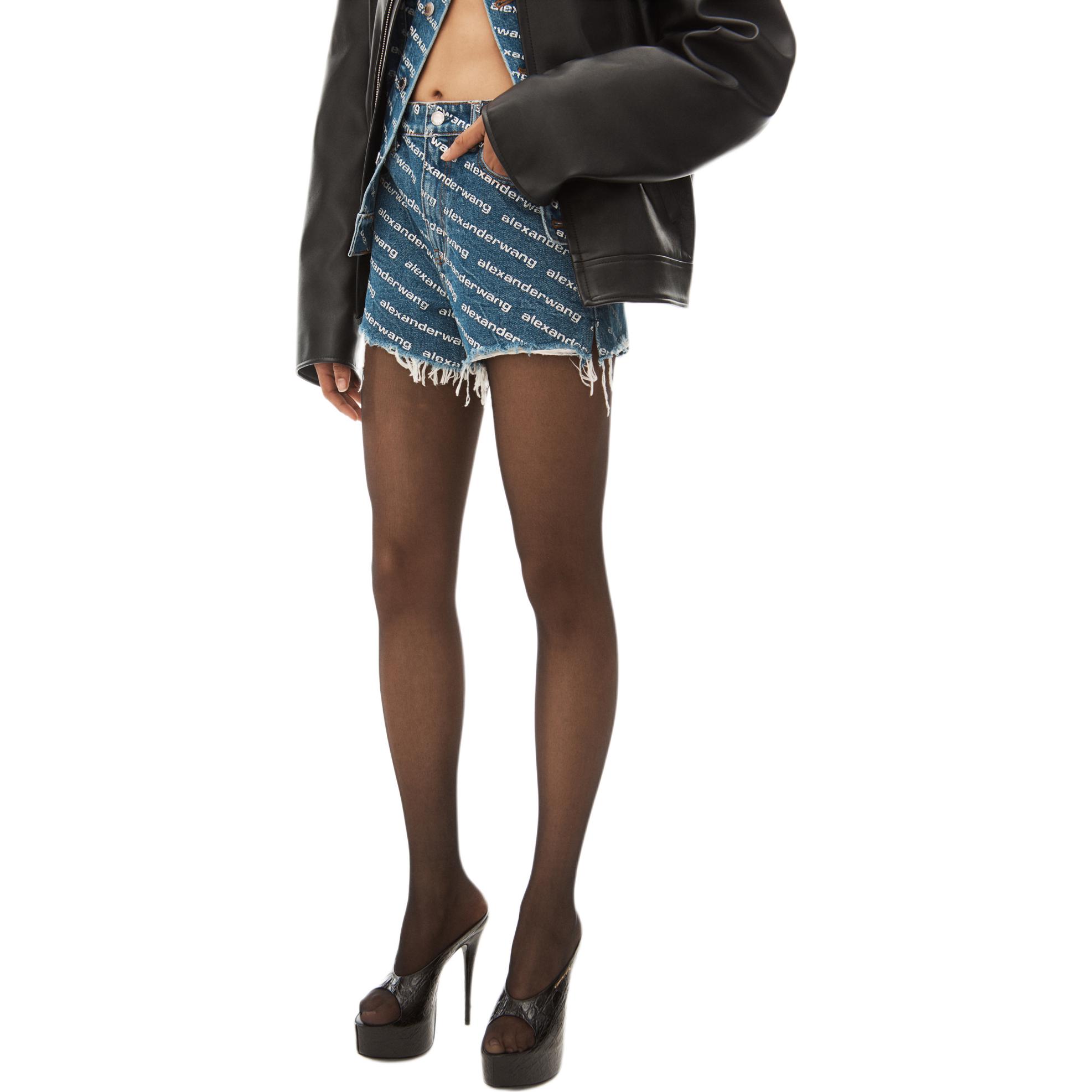 Purchase (W) Alexander Wang Bite Logo Cetak Seluar Pendek Biru dengan Rumbai 4DC1214897-460