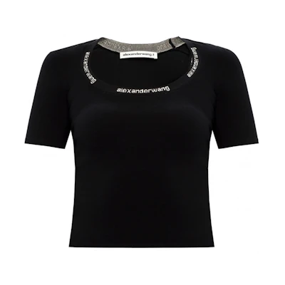 (Women) Alexander Wang Black Fitted Short Sleeve Tee with Knit Collar Logo Trim 4KC2201057